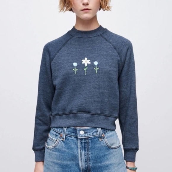 NWT Re/Done Heathered Navy with Embroidery Shrunken Crewneck in XS - Picture 1 of 11